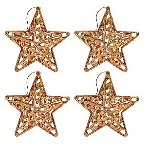 Kit 4 Estrelas Tridimensional Arabesco Bronze Metalizado 10cm - Magizi