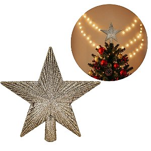Ponteira Estrela Friso Glitter Champanhe Luxo 15cm Topo de Árvore Natal