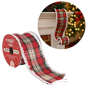 Fita Aramada Natal Tecido Xadrez Borda Nevada 63mm x 5 metros - Magizi