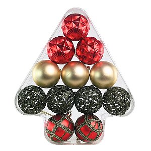 Kit 12 Bolas Natal Texturas Arabesco Luxo Vermelho, Dourado e Verde 6cm na Caixa Pinheiro - Magizi