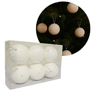 Kit 6 Bolas Natal Branco Glitter Brilho Prime 6cm na Caixa - Magizi