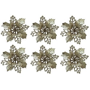 Jogo 6 Flores Bico de Papagaio Champanhe Natal Pick Glitter 9cm com Presilha - Magizi