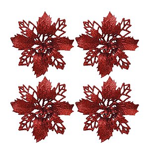 Jogo 4 Flores Bico de Papagaio Vermelha Natal Pick Glitter 9cm com Presilha - Magizi