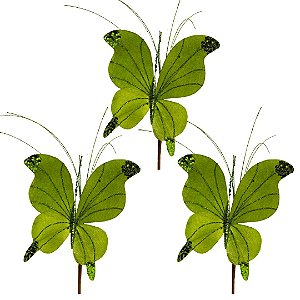 Kit 3 Borboletas Pick Natal Verde Full Glitter Luxo 23cm - Magizi
