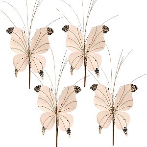 Kit 4 Borboletas Pick Natal Champanhe Full Glitter Luxo 23cm - Magizi
