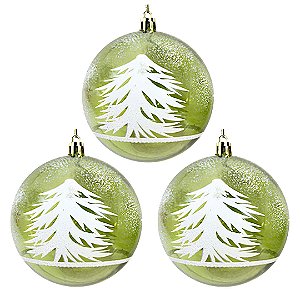Jogo 3 Bolas Natal Verde Decorada Translúcida Pinheiro Nevado 10cm - Magizi