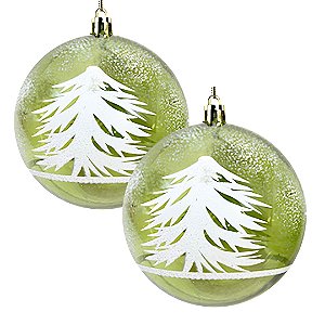 Jogo 2 Bolas Natal Verde Decorada Translúcida Pinheiro Nevado 10cm - Magizi