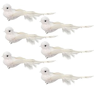 Kit 6 Pombas Branca Natal Plumas e Lantejoulas 12cm com Presilha - Magizi