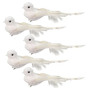 Kit 5 Pombas Branca Natal Plumas e Lantejoulas 12cm com Presilha - Magizi
