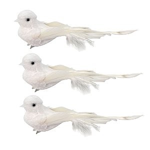 Kit 3 Pombas Branca Natal Plumas e Lantejoulas 12cm com Presilha - Magizi