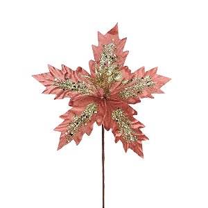Flor Bico de Papagaio Veludo Rosê Pick Natal Glitter Dourado 24cm - Magizi