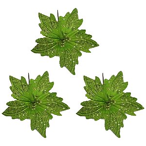 Kit 3 Flores Bico de Papagaio Pick Natal Glitter Lantejoulas Verde 20cm - Magizi