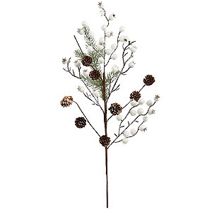 Galho Decor Natal Folhagens Berries Branco e Pinhas Rústico 62cm - Magizi