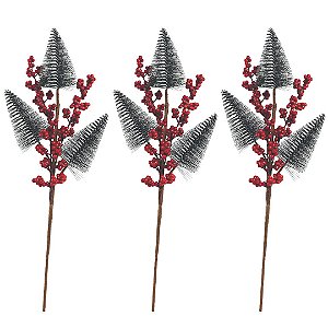 Jogo 3 Galhos Decor Natal 3 Pinheiros Nevados e Berries 48cm - Magizi