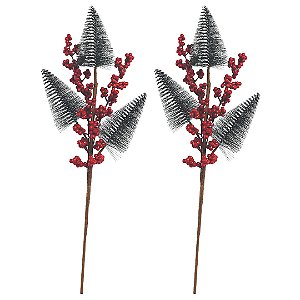 Jogo 2 Galhos Decor Natal 3 Pinheiros Nevados e Berries 48cm - Magizi