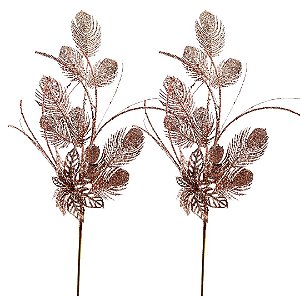 Jogo 2 Galhos Natal Folhagens e Bico de Papagaio Glitter Rosê 70cm - Magizi