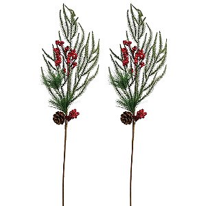 Jogo 2 Galhos Natal Folhagens Mix Rústico Berries e Pinha 88cm - Magizi