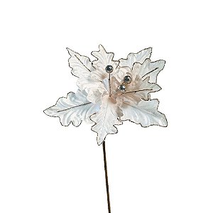 Flor Bico de Papagaio Pick Natal Veludo Off White Borda Glitter Champanhe 20cm - Magizi