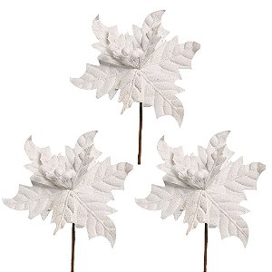 Jogo 3 Flores Bico de Papagaio Pick Natal Textura Veludo Branco 22cm - Magizi