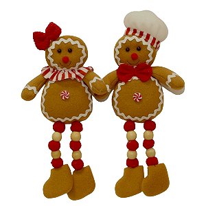Casal Biscoito Gengibre Decorado Natal Pelúcia Perna Miçanga 30cm - Magizi