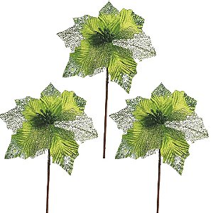 Jogo 3 Flores Bico de Papagaio Verde Mescla Pick Natal Luxo 20cm - Magizi