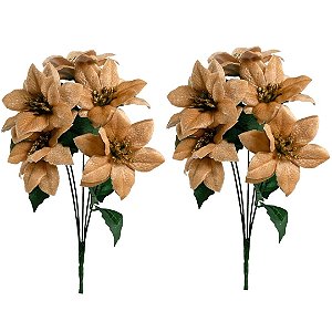Jogo 2 Buquês Mini Bico de Papagaio Natal Veludo Champanhe 5 Flores - Magizi