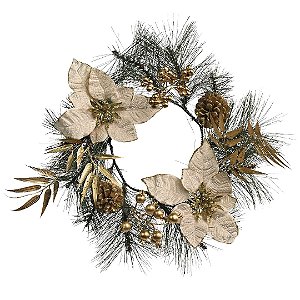 Guirlanda Decorada Luxo Dourado e Champanhe Bico de Papagaio, Pinhas e Berries 35cm - Magizi