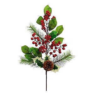Galho Mix Folhagem Natal Premium Pinha e Berries 70cm - Magizi