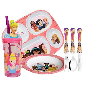 Jogo Refeição Infantil Princesas Disney 6 Peças Prato Divisória, Prato Fundo, Copo e Talheres - Tuut