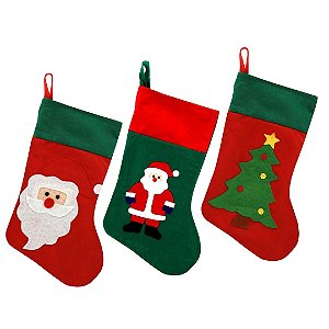 Conjunto 3 Meias Decorativas Natal Tecido Decorado Papai Noel 40cm - Magizi