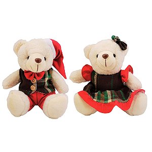 Jogo Casal Urso Pelúcia Natalino Creme Prime Roupa Xadrez Vermelho e Verde 20cm - Master Christmas