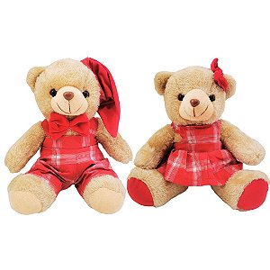 Jogo Casal Urso Natalino Pelúcia Prime Roupa Xadrez e Laço Vermelho 20cm 2 Peças - Master Christmas