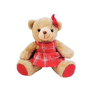 Urso Pelúcia Natalino Prime Vestido Xadrez e Laço Vermelho 20cm - Master Christmas