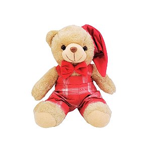 Urso Pelúcia Natalino Prime Roupa Xadrez, Gravata e Gorrinho Vermelho 20cm