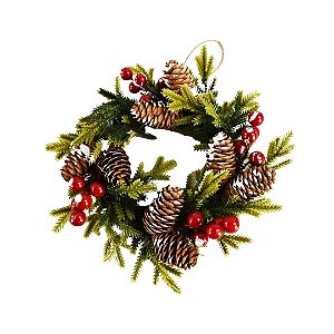 Guirlanda Decorada Natal Rústica Pinhas e Azevinhos Nevados 25cm Verde - Master Christmas