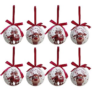 Kit 8 Bolas Natal Decoradas Brancas Estampa Rena Love e Laço Vermelho 7,5cm