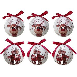 Conjunto 6 Bolas de Natal Decorada Branco Laqueado Premium Renas Love Com Laço Vermelho 7,5cm