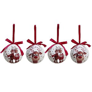 Conjunto 4 Bolas de Natal Decorada Branco Laqueado Premium Renas Love Com Laço Vermelho 7,5cm