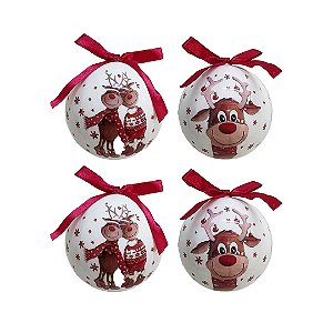 Jogo 2 Bolas de Natal Decoradas Branco Laqueado Rena Love Com Laço Vermelho 7,5cm
