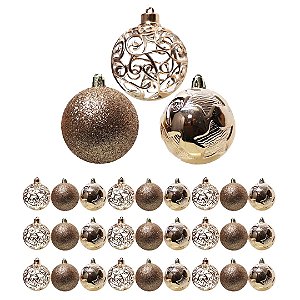 Kit 27 Bolas de Natal Champanhe Luxo 6cm Mistas com Glitter, Estrela, Arabesco e Vazado