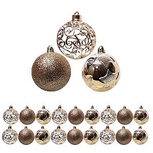Kit 18 Bolas de Natal Champanhe Luxo 6cm Mistas com Glitter, Estrela, Arabesco e Vazado