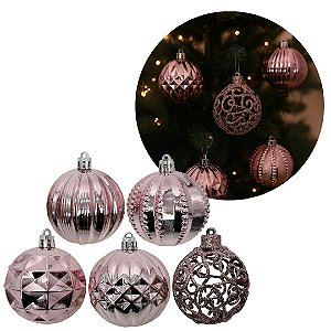Kit 6 Bolas Natal Luxo Rosê Gold Textura Metalizada e Arabesco Glitter Vazado 6cm