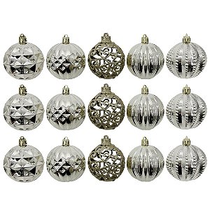 Kit 18 Bolas Natal Luxo Champanhe Textura Metalizada e Arabesco Glitter Vazado 6cm