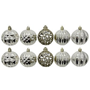 Kit 12 Bolas Natal Luxo Champanhe Textura Metalizada e Arabesco Glitter Vazado 6cm