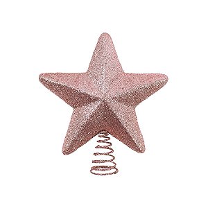 Ponteira Topo de Árvore de Natal Estrela Glitter Rosê 3D Base Espiral 15cm x 18cm
