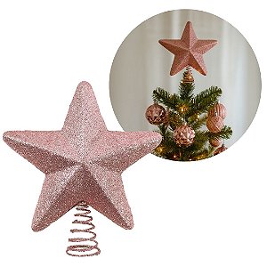 Estrela Ponteira Natal Rosê Glitter 3D Base Espiral 15cm x 18cm - Master Christmas