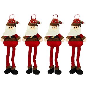 Jogo 4 Papai Noel Pelúcia Pendente Natal Perna Mole 30cm Gorrinho Crochê Xadrez Prime