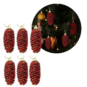 Jogo 6 Pinha Natural Pendente Natalina 8,5cm com Glitter Vermelho e Cordão para Pendurar