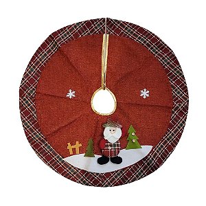 Saia para Árvore de Natal 70cm Linho Vinho Pelúcia Papai Noel e Borda Xadrez Prime