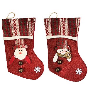 Jogo 2 Botas Decorativa Meia Natal Papai Noel e Boneco de Neve Tecido Linho Vinho e Xadrez Guizo 35cm
